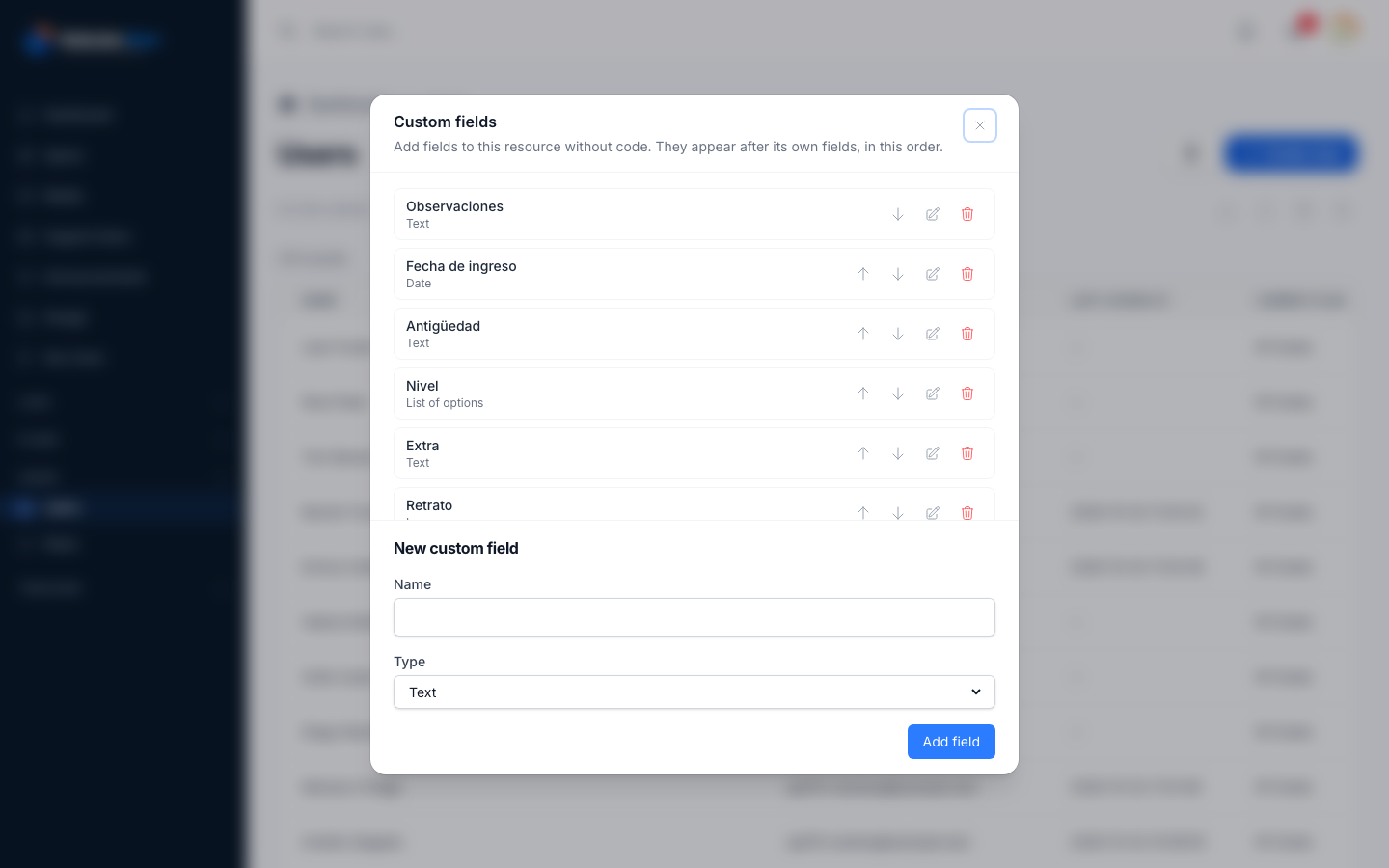 The Custom fields window, with the existing fields and the New custom field form