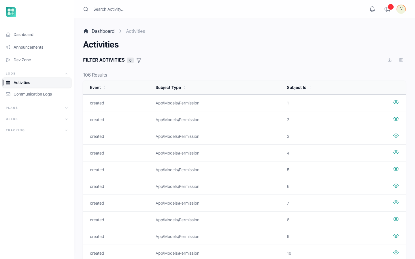 The activity log under Logs