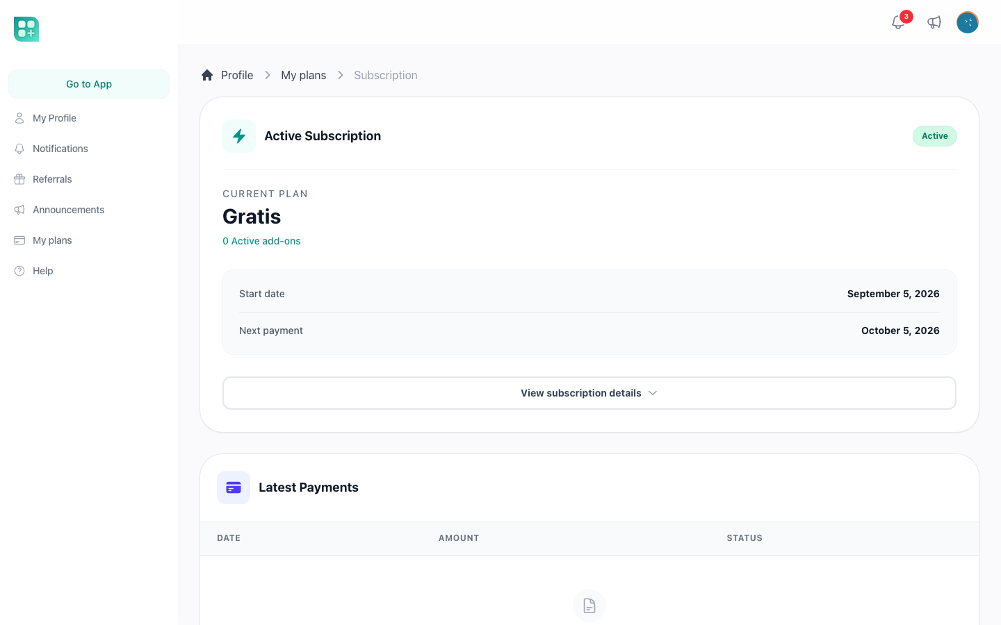 The billing screen with the subscription state and the latest payments