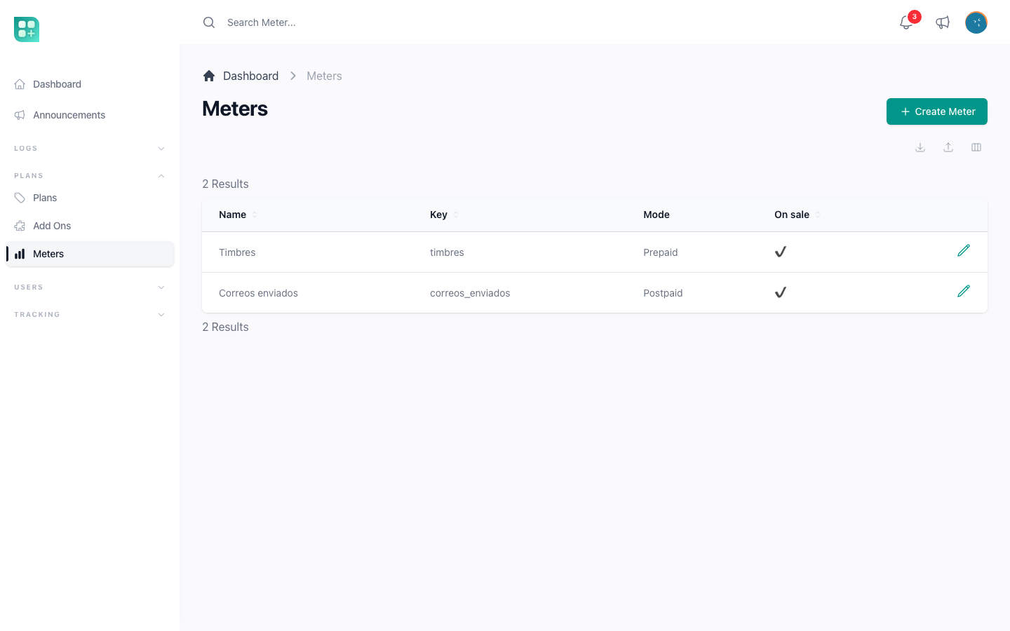 The meters list under Plans, Meter