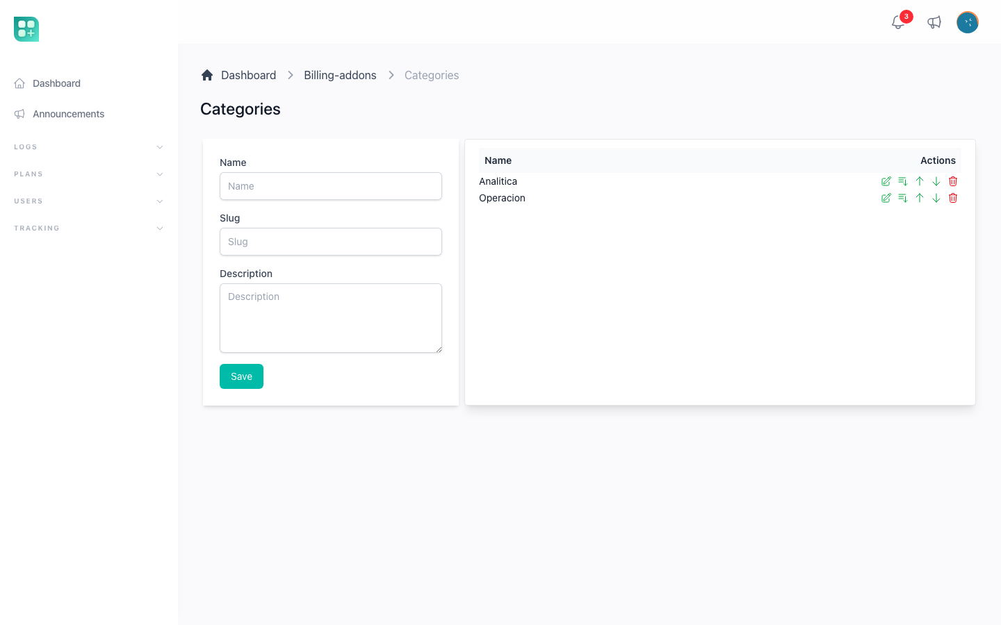 The categories page with the form and the tree