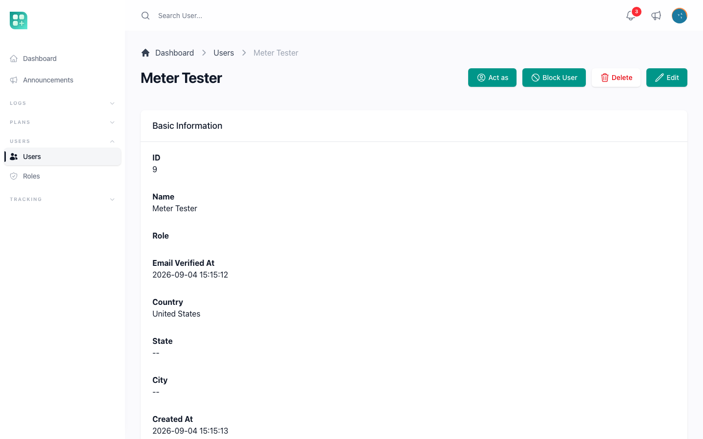 The detail page of a user with the Act as and Block User actions