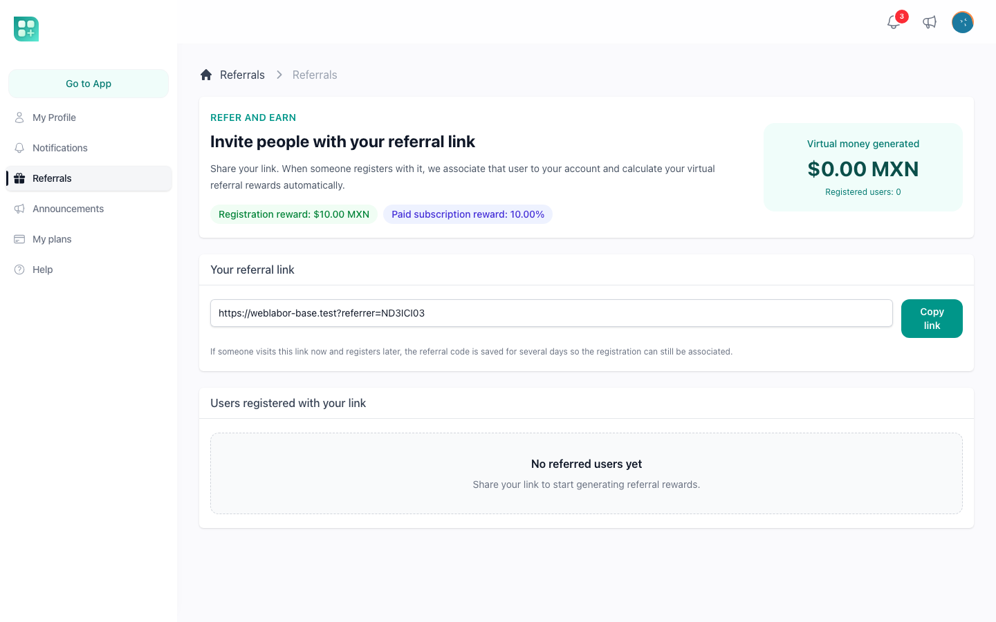 The referrals page with the link and the rewards