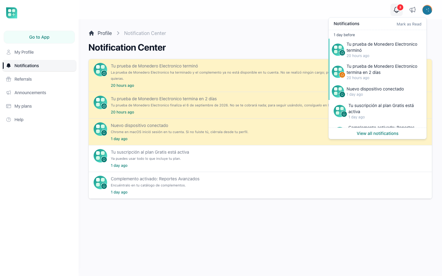 The bell dropdown with the unread count and the latest notifications