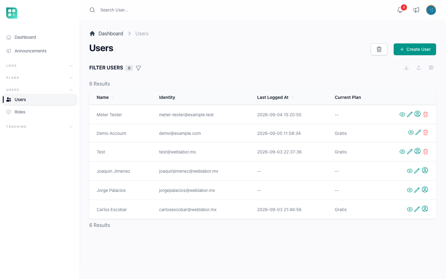 The users list, the first resource of the Users group