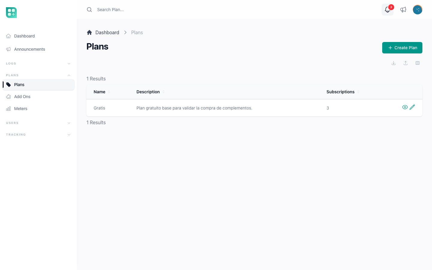 The Plans group of the admin sidebar and the plan list
