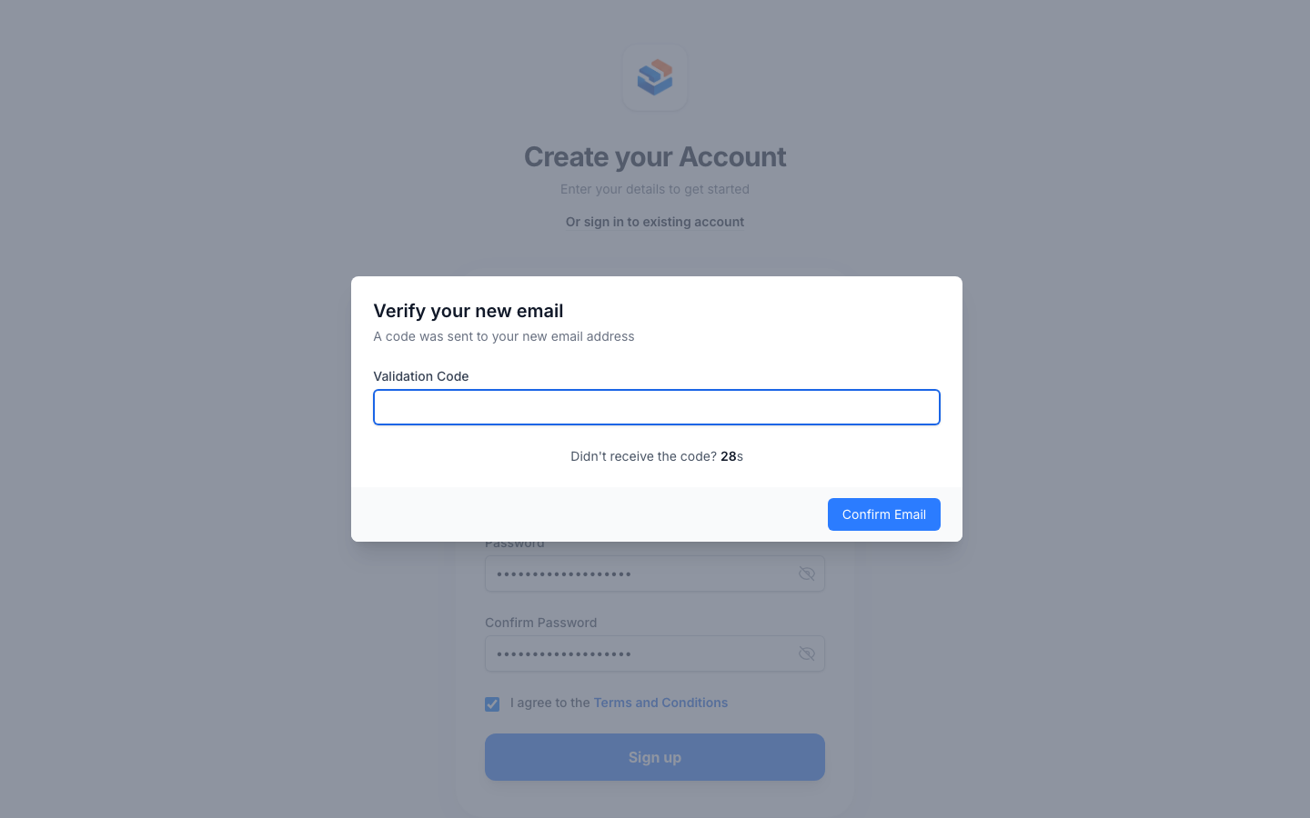 The modal that asks for the code sent to a new email, opened from the registration form