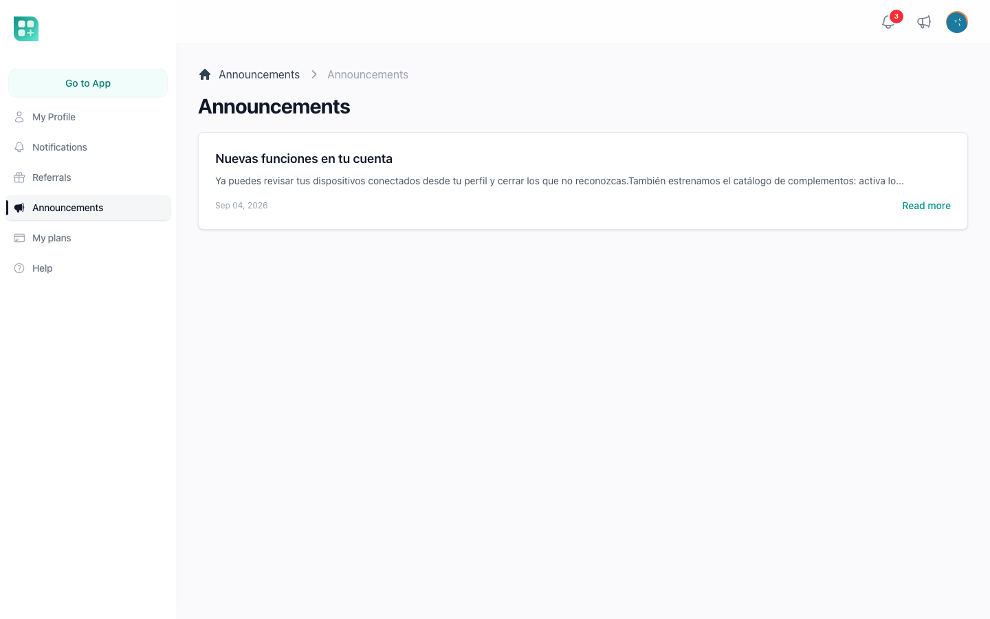 The announcements list at /account/announcements