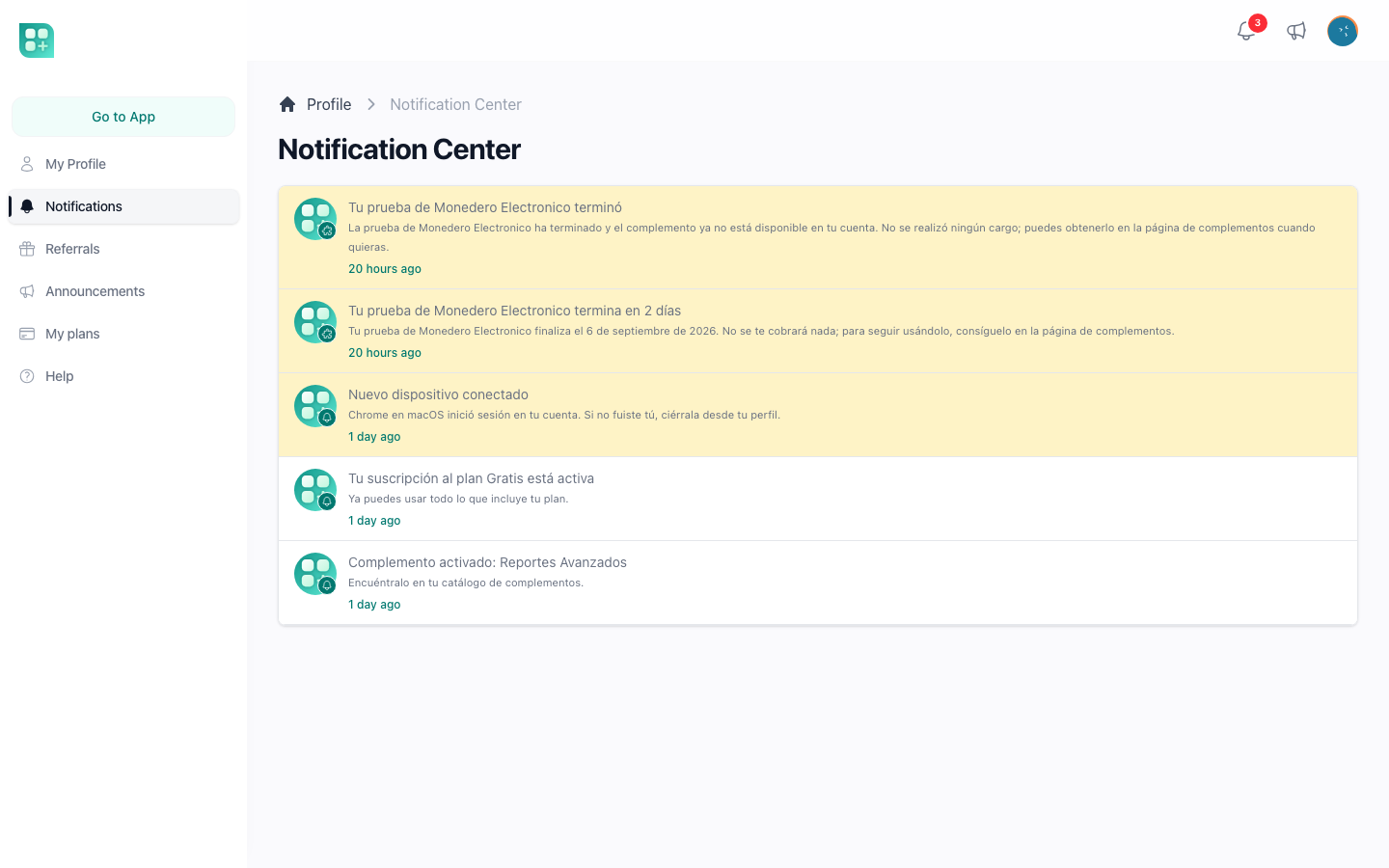 The notification centre, unread rows first