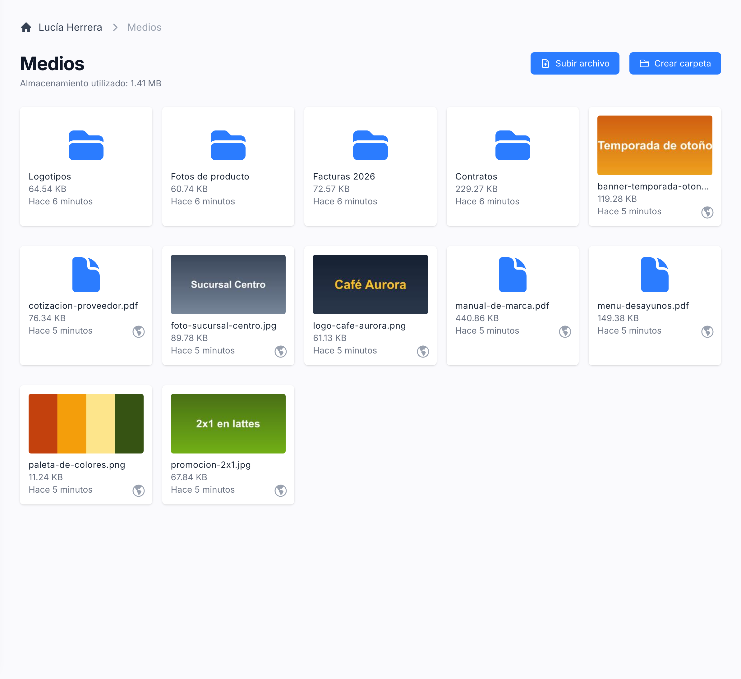 The file manager, with folders and the space each account uses.